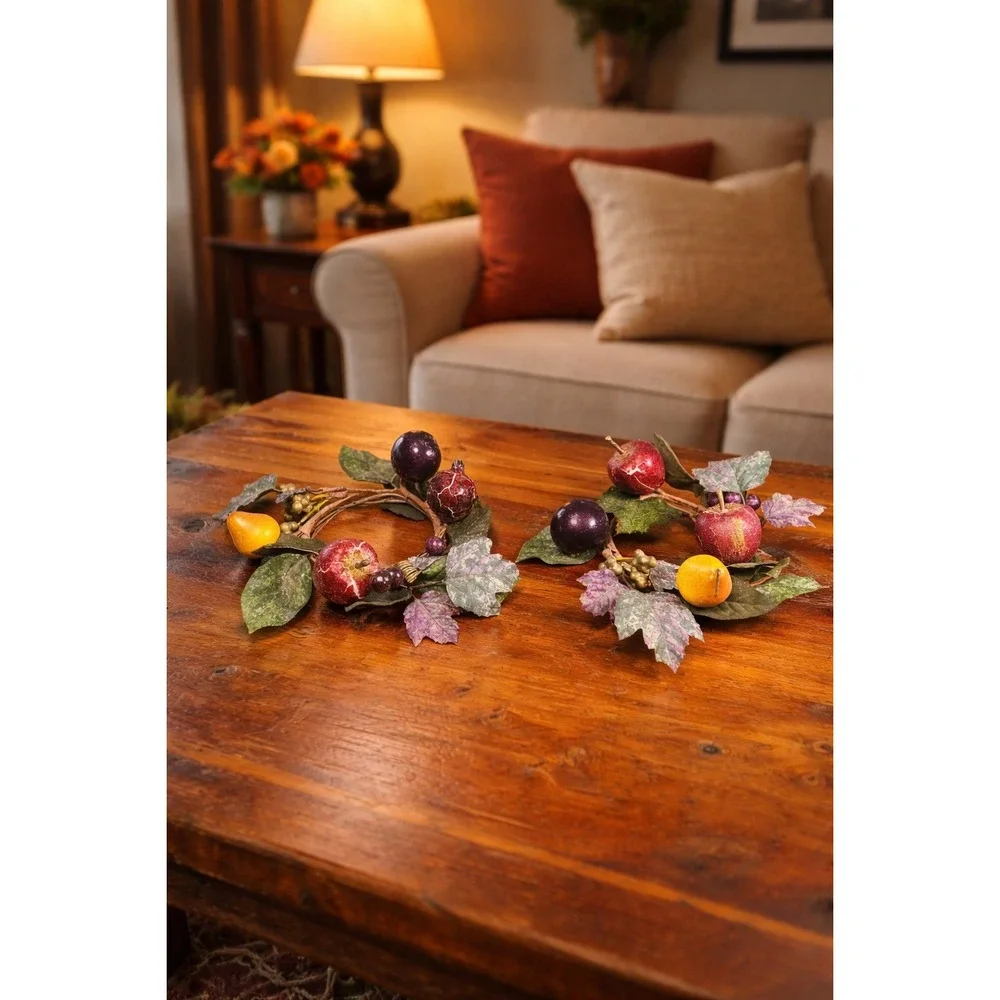 Vintage Fruit Candle Rings Set of 2 Grape Apple Pear Wreath Decor